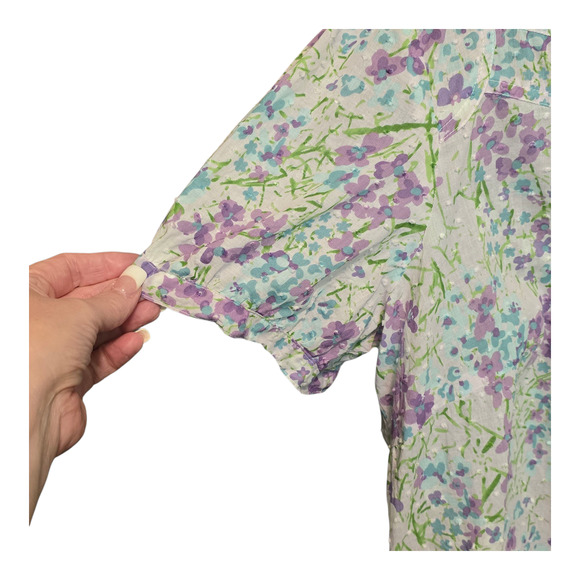 Basic Editions Womens Button Up Shirt 1X Purple Floral Print Pintuck Swiss Dot - Picture 5 of 9